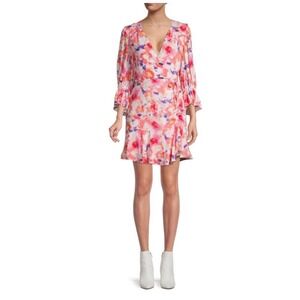 Betsey Johnson Floral Print Sunset Wrap Dress Ruffle Trim Long Sleeve Sz 6 Fairy